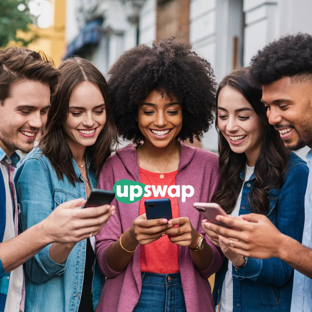 A group of friends using the UpSwap app on their smartphones, smiling and chatting, also see the UpSwap  2.O