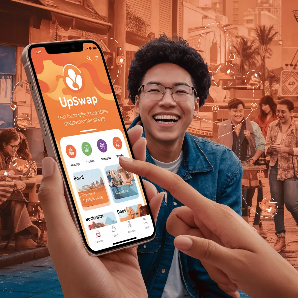 Upswap app interface showing shopping, saving, and socializing features.
