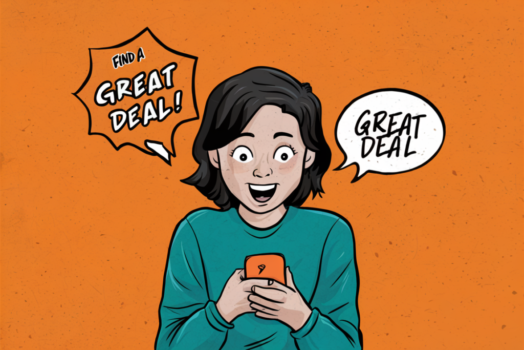 Excited girl found UpSwap deal on her upswap app.