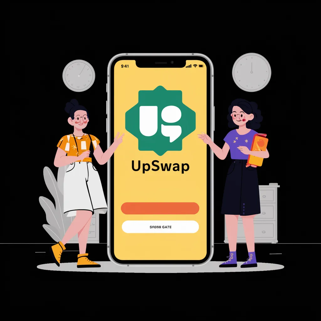 A teenager holding a phone with the UpSwap app open on the screen.
