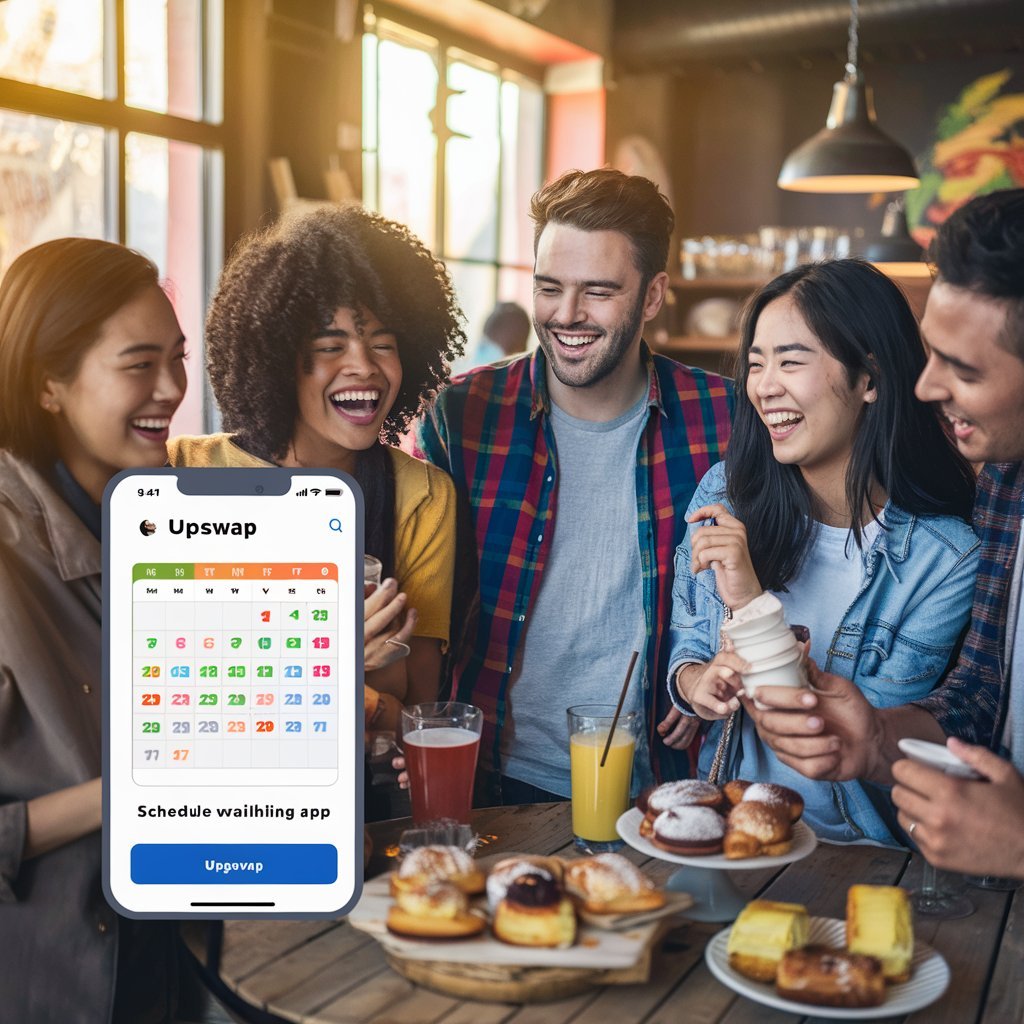 Friends hanging out at a café using Upswap to plan their next hangout