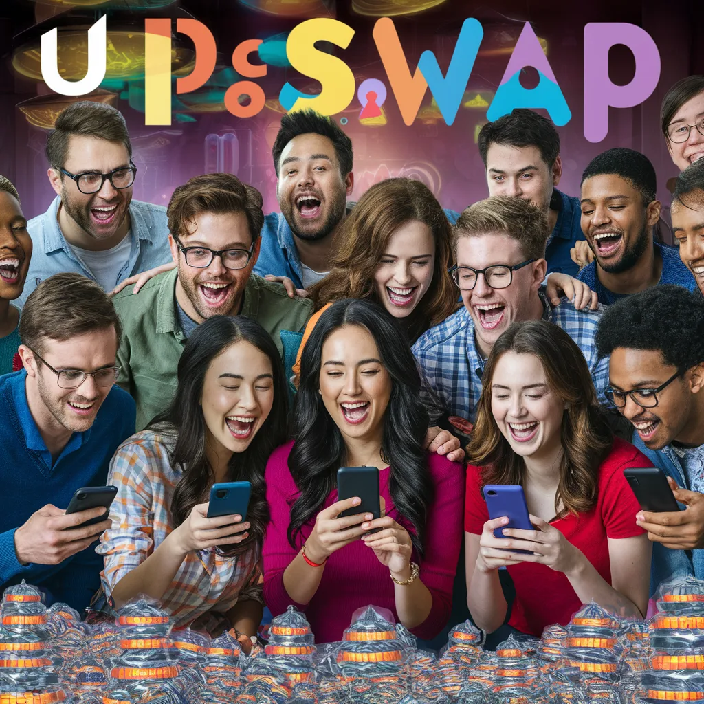 A group of friends laughing and holding their phones, using the UpSwap app.