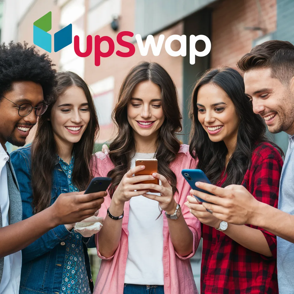 A group of friends using the UpSwap app on their smartphones, smiling and chatting, also see the UpSwap logo