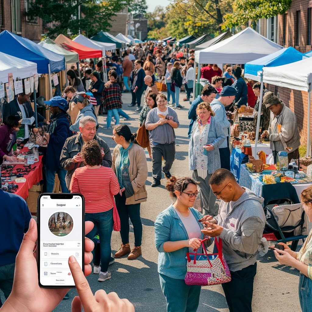 Local business owners and community members engaging in a vibrant event, showcasing UpSwap's role in helping users discover local hidden gems.