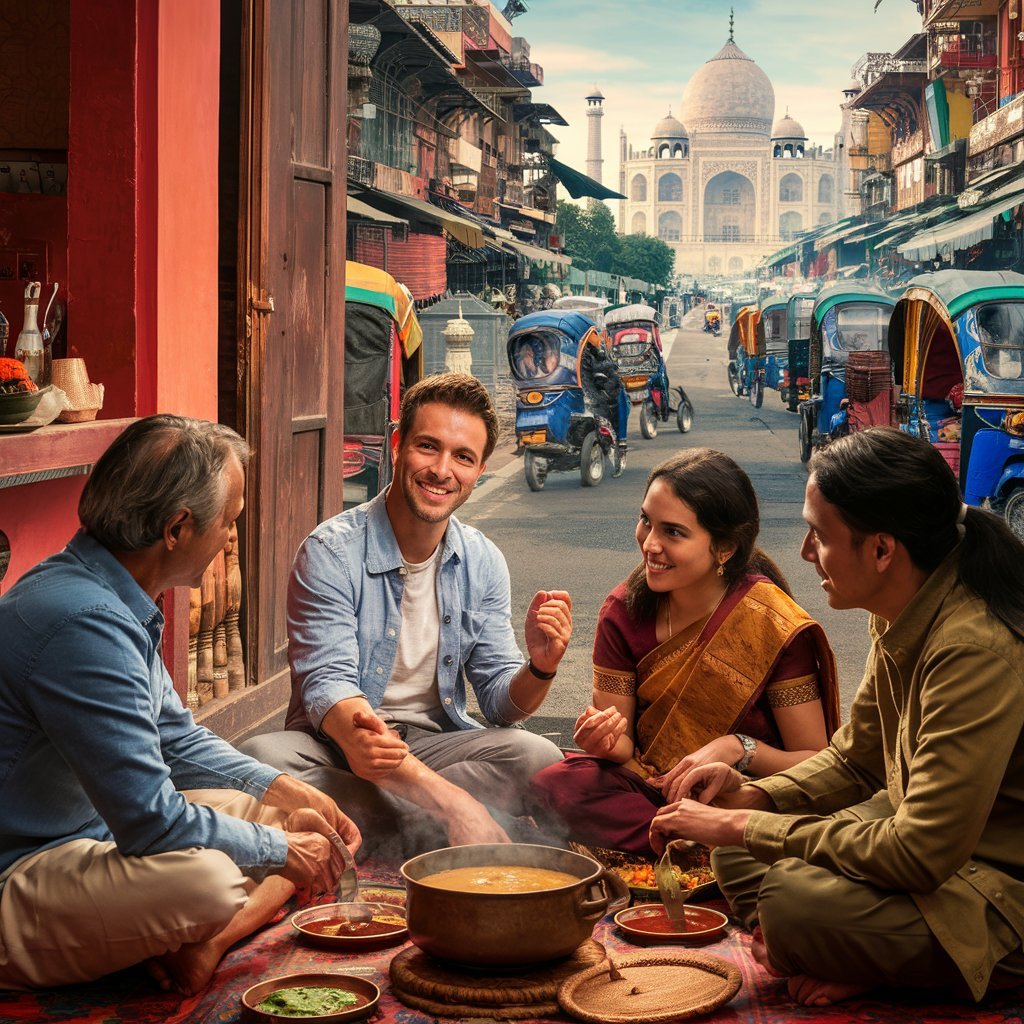 Tourists exploring local markets and participating in community activities in India with the UpSwap app.